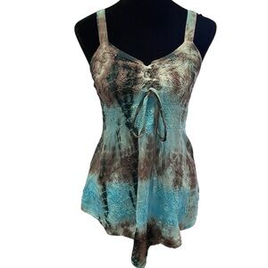 y2k turquoise and brown burnout tie dye embellished baby doll tie tank top small